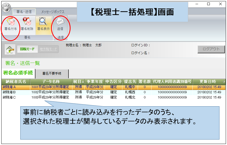 複数の納税者データにまとめて署名や送信をすることはできま