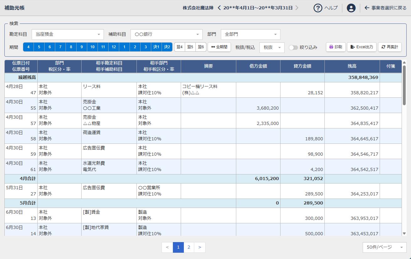 補助元帳画面の概要 魔法陣会計クラウド